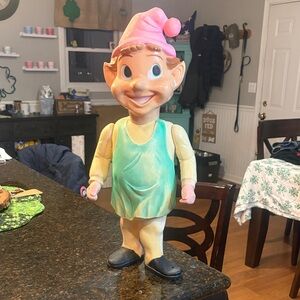 Antique Large Ceramic Elf Figurine with Pink Hat and Teal Tunic